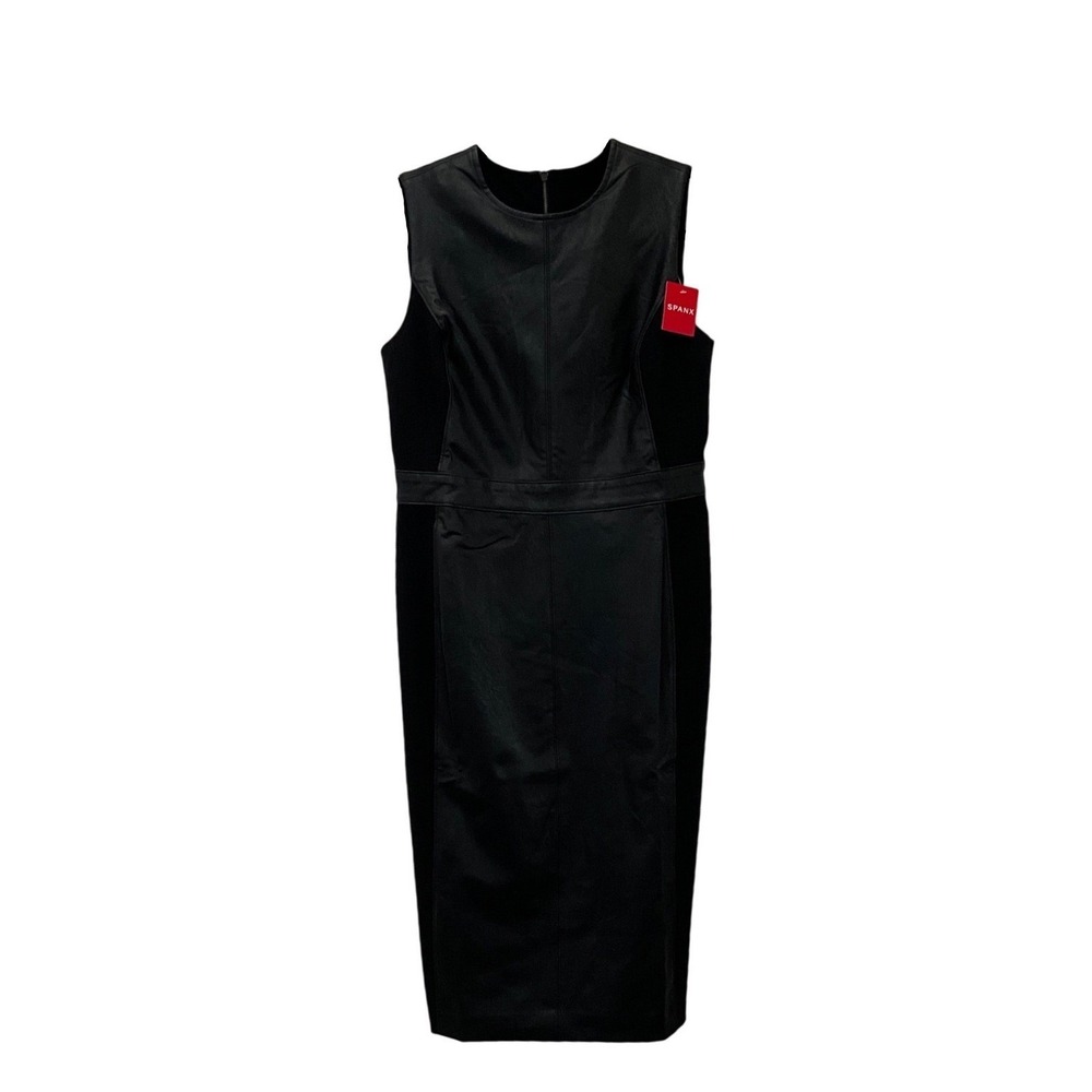 SPANX Faux Leather Bodycon Midi Dress Black Sculpting Sleeveless Women M NWT‎
